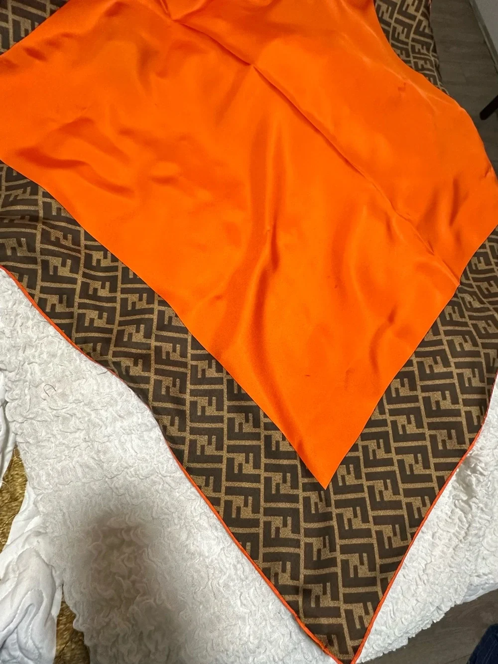 Fendi Brown Monogram with Vibrant Orange Silk Square Scarf